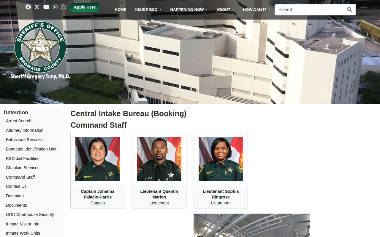 Broward County arrest intake information from BSO Central Intake Bureau