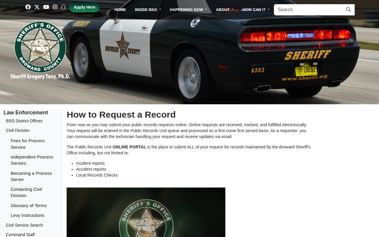 Broward County arrest record request page from BSO