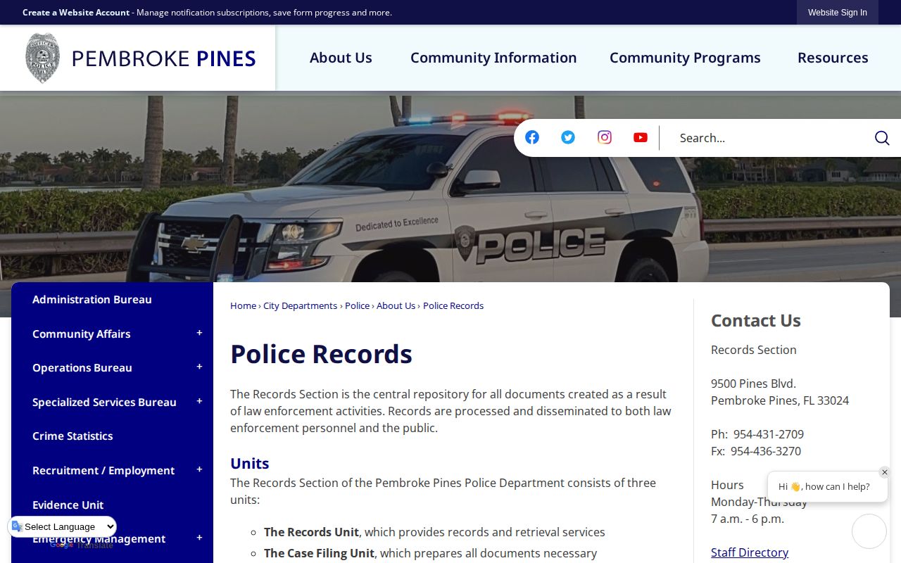 Pembroke Pines Police Records page for requesting city arrest reports